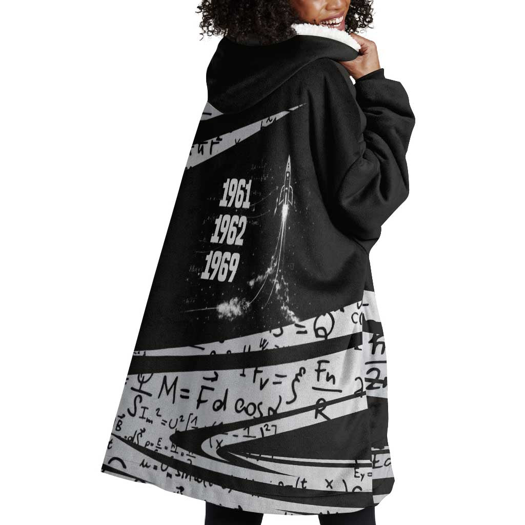 Katherine Johnson Wearable Blanket Hoodie with Orbital Space Portrait, Historic NASA Launch Dates and Physics - African Pride