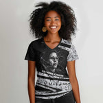Katherine Johnson Women V-Neck T-Shirt with Orbital Space Portrait, Historic NASA Launch Dates and Physics - African Pride