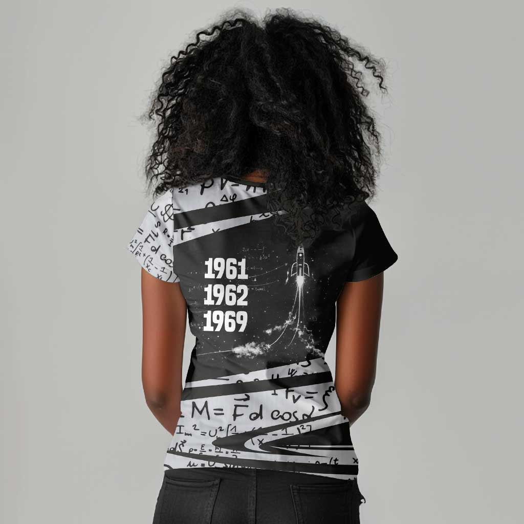 Katherine Johnson Women V-Neck T-Shirt with Orbital Space Portrait, Historic NASA Launch Dates and Physics - African Pride
