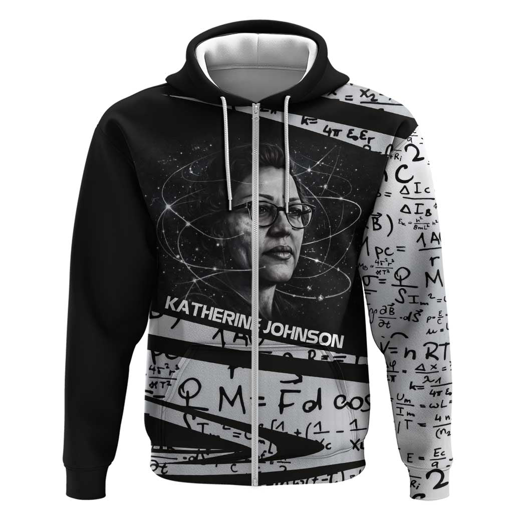 Katherine Johnson Zip Hoodie with Orbital Space Portrait, Historic NASA Launch Dates and Physics - African Pride