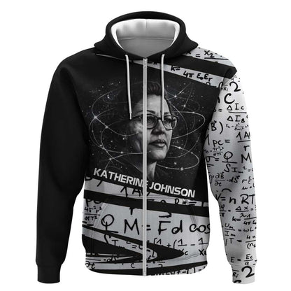 Katherine Johnson Zip Hoodie with Orbital Space Portrait, Historic NASA Launch Dates and Physics - African Pride