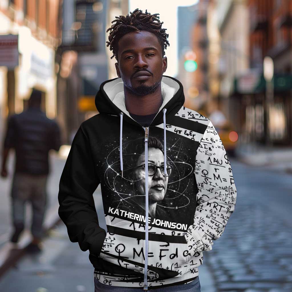 Katherine Johnson Zip Hoodie with Orbital Space Portrait, Historic NASA Launch Dates and Physics - African Pride