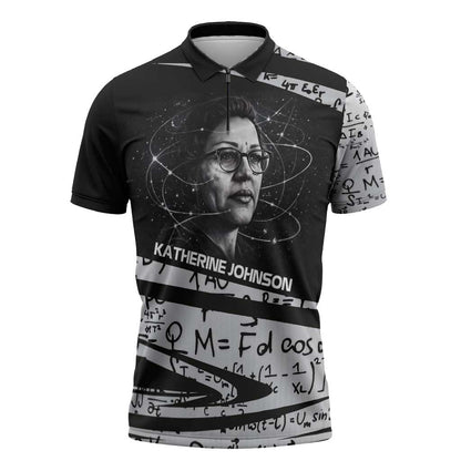 Katherine Johnson Zipper Polo Shirt with Orbital Space Portrait, Historic NASA Launch Dates and Physics - African Pride