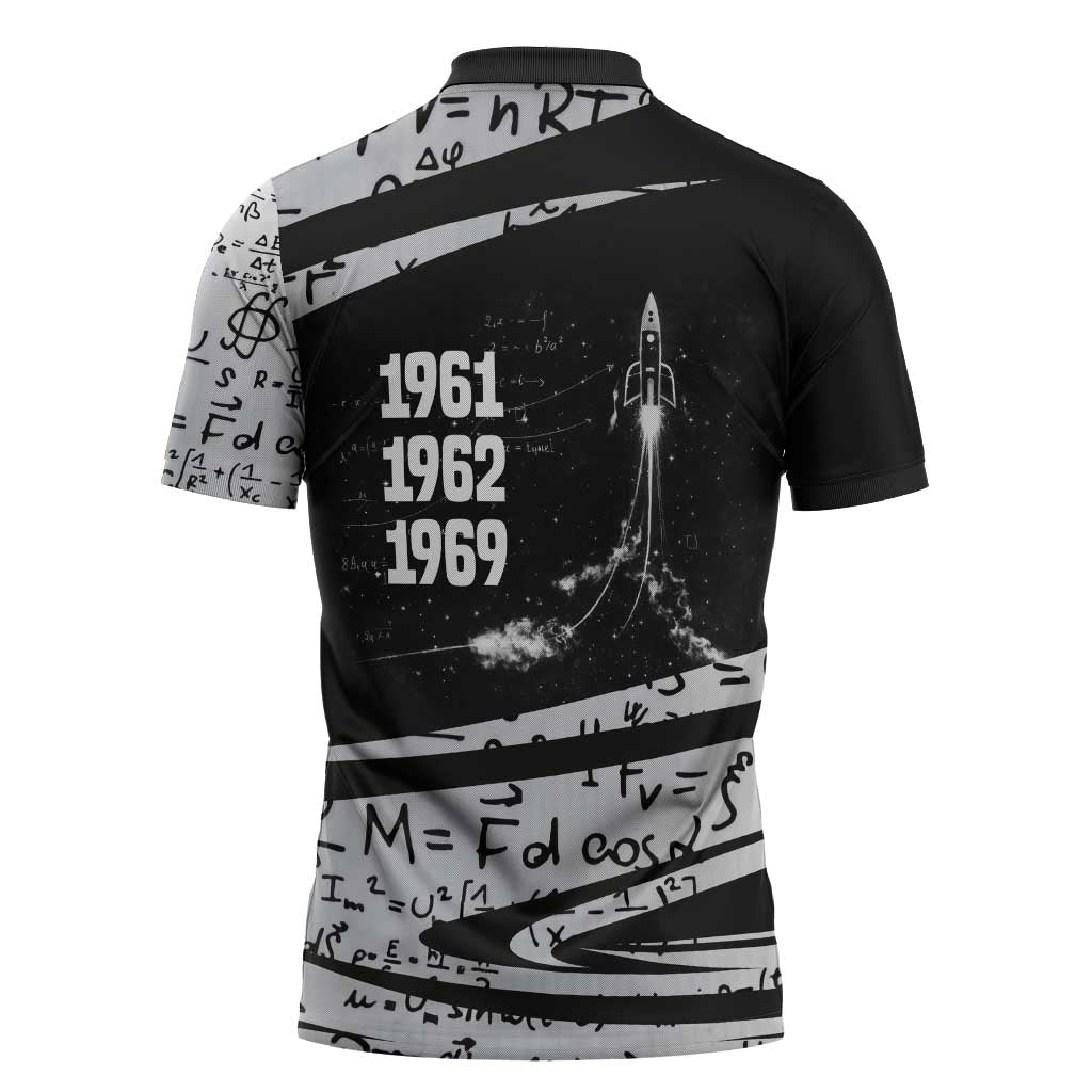 Katherine Johnson Zipper Polo Shirt with Orbital Space Portrait, Historic NASA Launch Dates and Physics - African Pride