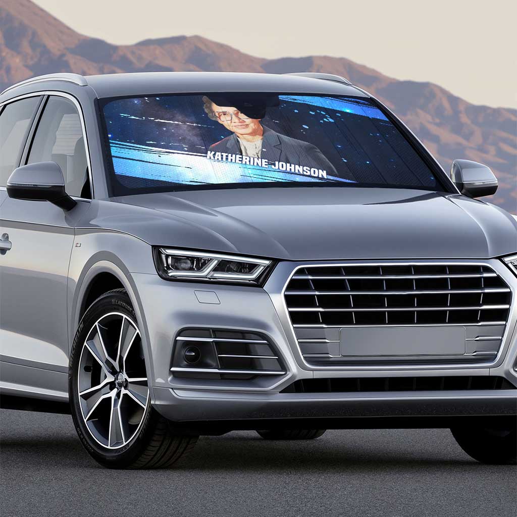 Katherine Johnson Auto Sun Shade with Galaxy Background, Hidden No More Quote and Rocket Brain Equation - African Pride