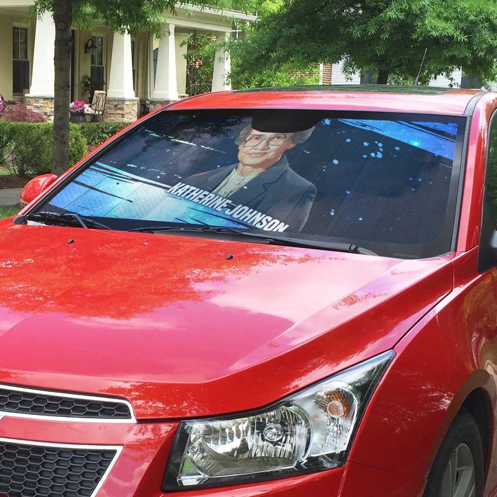 Katherine Johnson Auto Sun Shade with Galaxy Background, Hidden No More Quote and Rocket Brain Equation - African Pride
