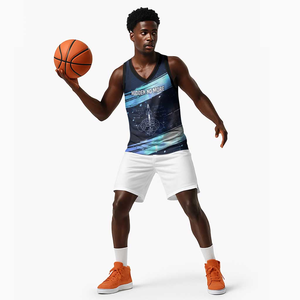 Katherine Johnson Basketball Jersey with Galaxy Background, Hidden No More Quote and Rocket Brain Equation - African Pride