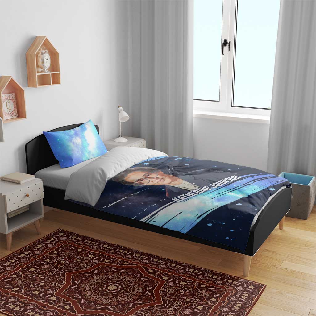 Katherine Johnson Bedding Set with Galaxy Background, Hidden No More Quote and Rocket Brain Equation - African Pride