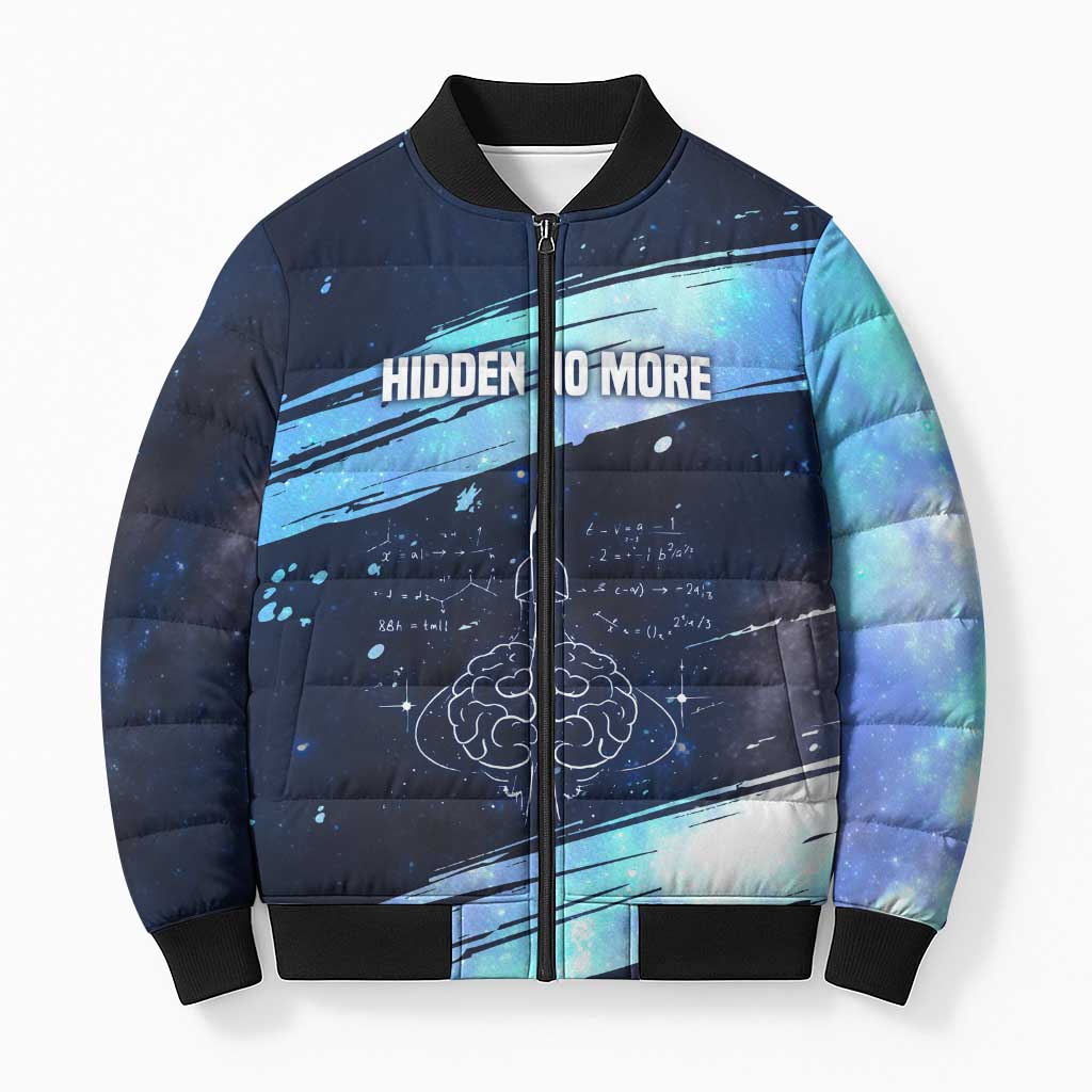 Katherine Johnson Bomber Puffer Jacket with Galaxy Background, Hidden No More Quote and Rocket Brain Equation - African Pride