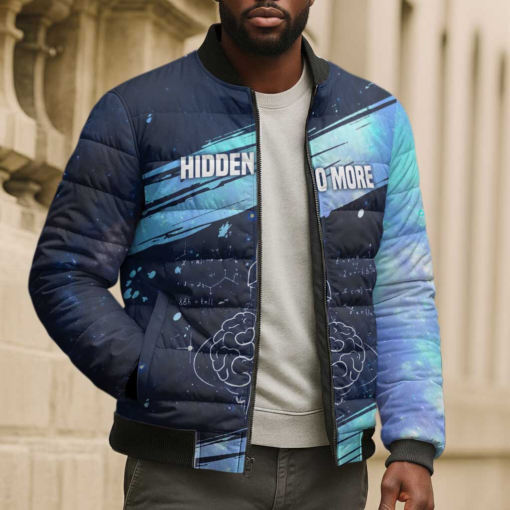 Katherine Johnson Bomber Puffer Jacket with Galaxy Background, Hidden No More Quote and Rocket Brain Equation - African Pride