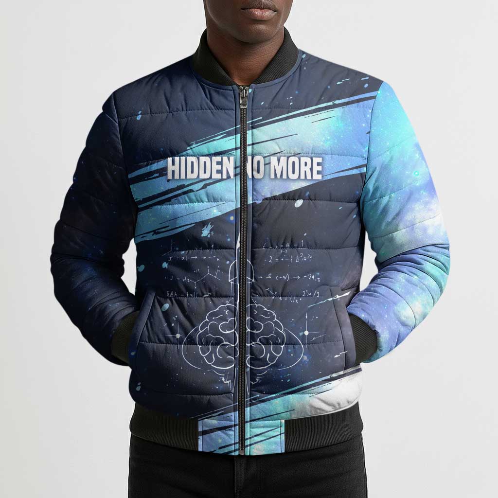 Katherine Johnson Bomber Puffer Jacket with Galaxy Background, Hidden No More Quote and Rocket Brain Equation - African Pride