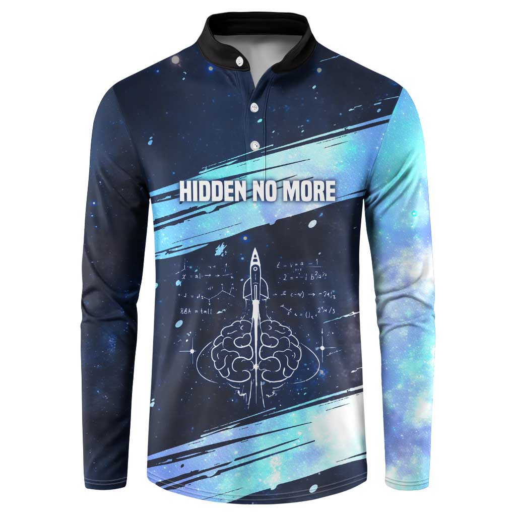 Katherine Johnson Button Sweatshirt with Galaxy Background, Hidden No More Quote and Rocket Brain Equation