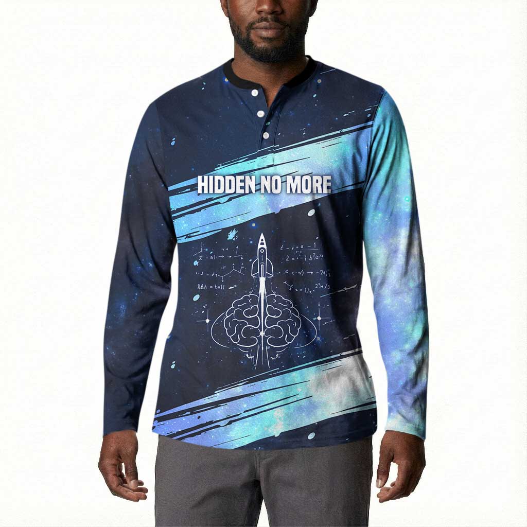 Katherine Johnson Button Sweatshirt with Galaxy Background, Hidden No More Quote and Rocket Brain Equation