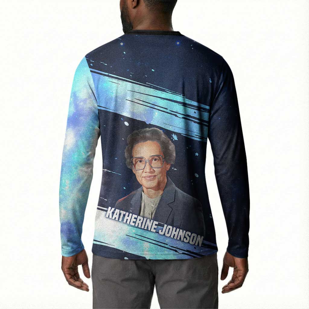 Katherine Johnson Button Sweatshirt with Galaxy Background, Hidden No More Quote and Rocket Brain Equation