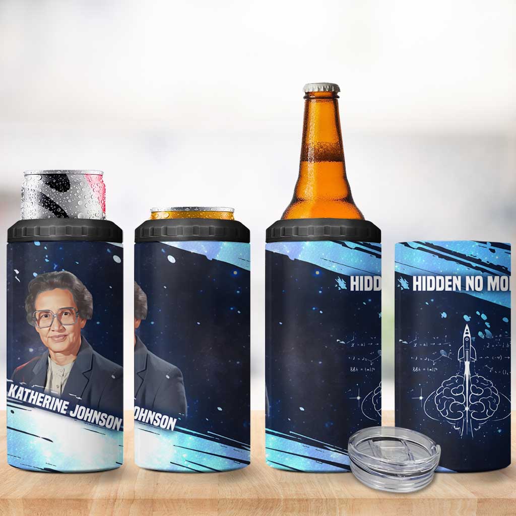 Katherine Johnson 4 in 1 Can Cooler Tumbler with Galaxy Background, Hidden No More Quote and Rocket Brain Equation - African Pride