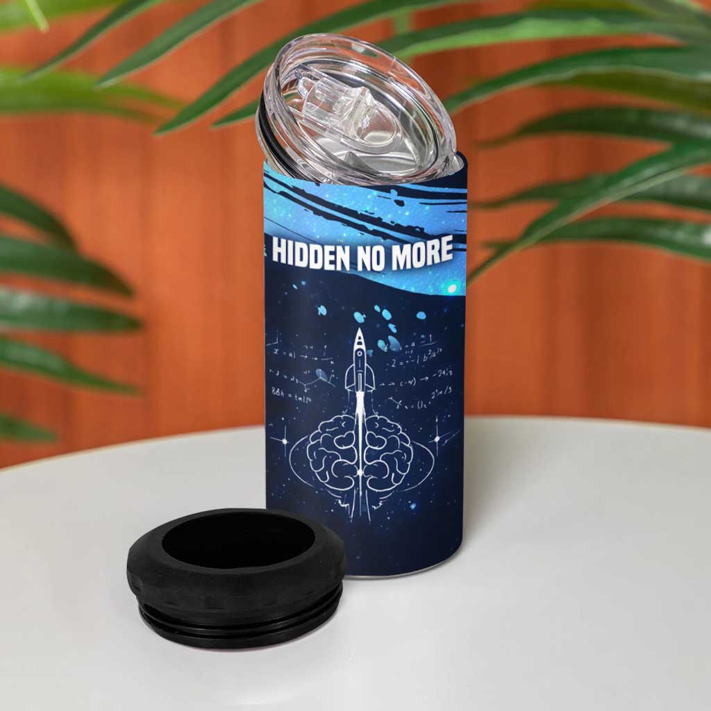Katherine Johnson 4 in 1 Can Cooler Tumbler with Galaxy Background, Hidden No More Quote and Rocket Brain Equation - African Pride