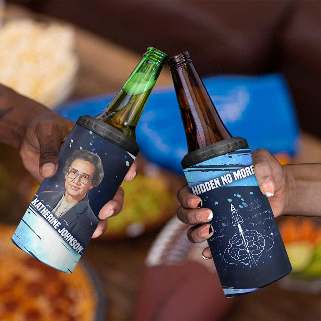 Katherine Johnson 4 in 1 Can Cooler Tumbler with Galaxy Background, Hidden No More Quote and Rocket Brain Equation - African Pride