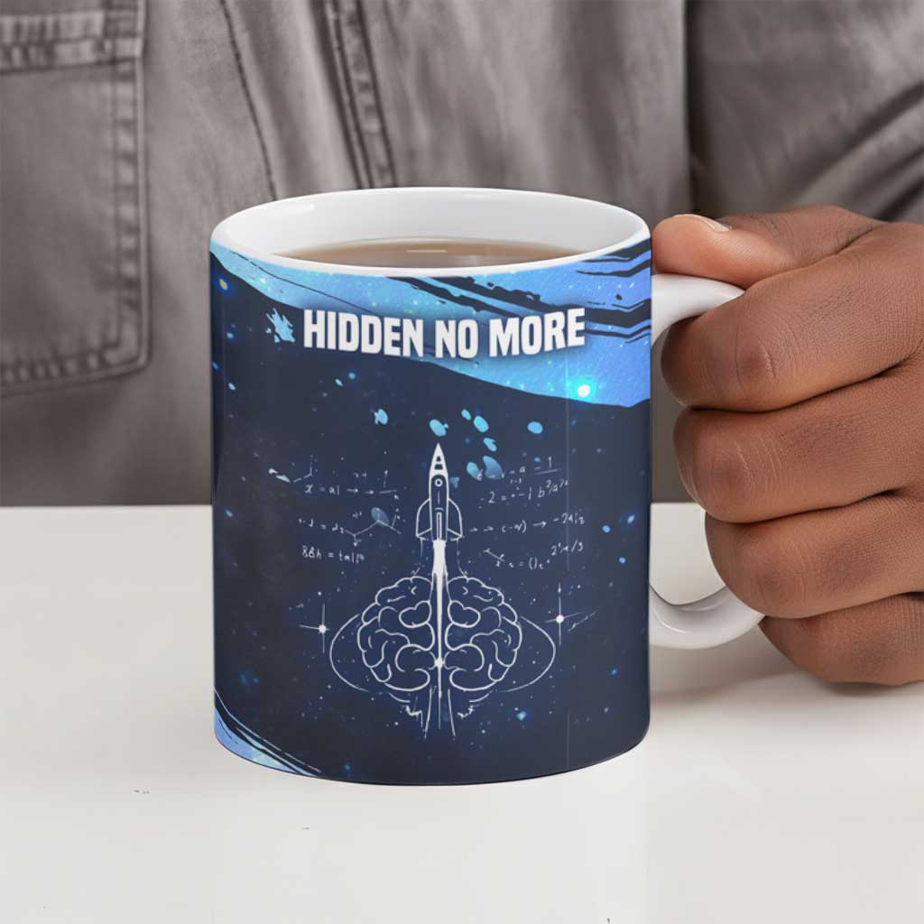 Katherine Johnson Ceramic Mug with Galaxy Background, Hidden No More Quote and Rocket Brain Equation - African Pride