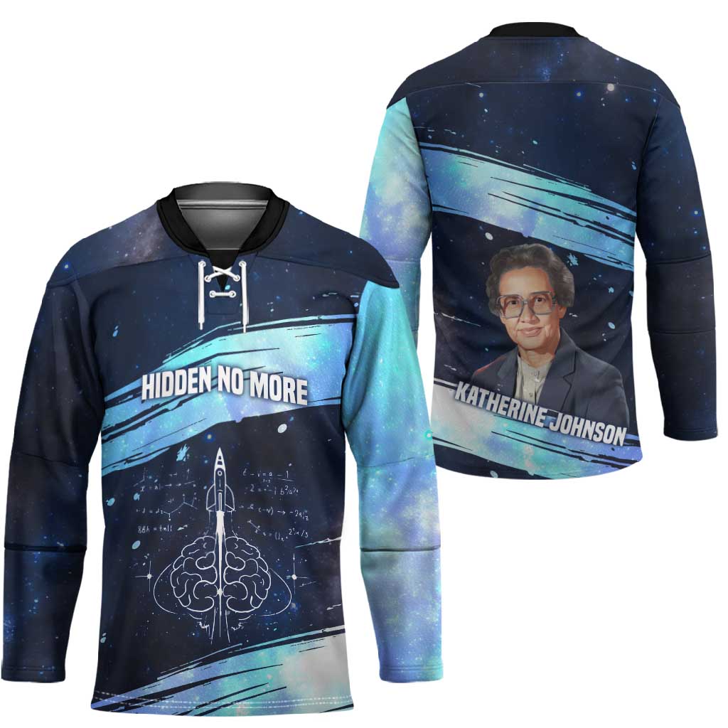 Katherine Johnson Hockey Jersey with Galaxy Background, Hidden No More Quote and Rocket Brain Equation - African Pride