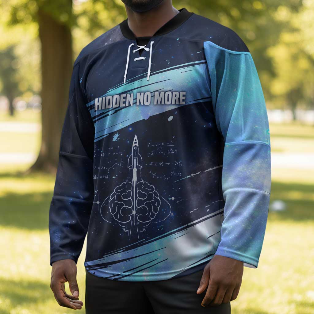 Katherine Johnson Hockey Jersey with Galaxy Background, Hidden No More Quote and Rocket Brain Equation - African Pride