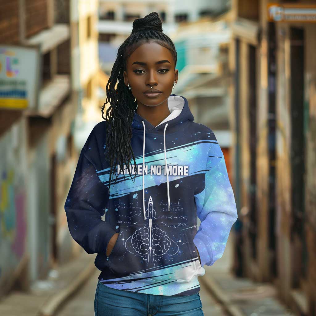 Katherine Johnson Hoodie with Galaxy Background, Hidden No More Quote and Rocket Brain Equation - African Pride