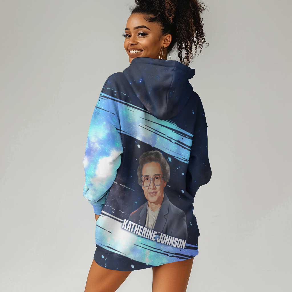 Katherine Johnson Hoodie Dress with Galaxy Background, Hidden No More Quote and Rocket Brain Equation - African Pride