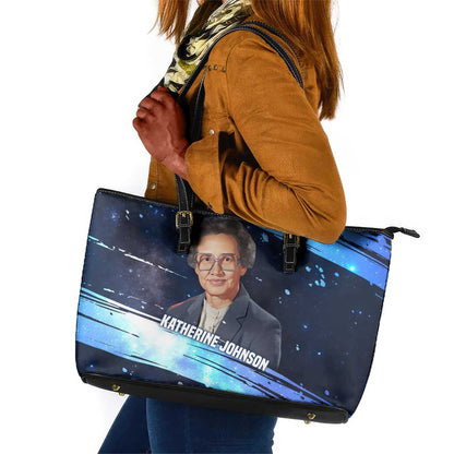 Katherine Johnson Leather Tote Bag with Galaxy Background, Hidden No More Quote and Rocket Brain Equation - African Pride