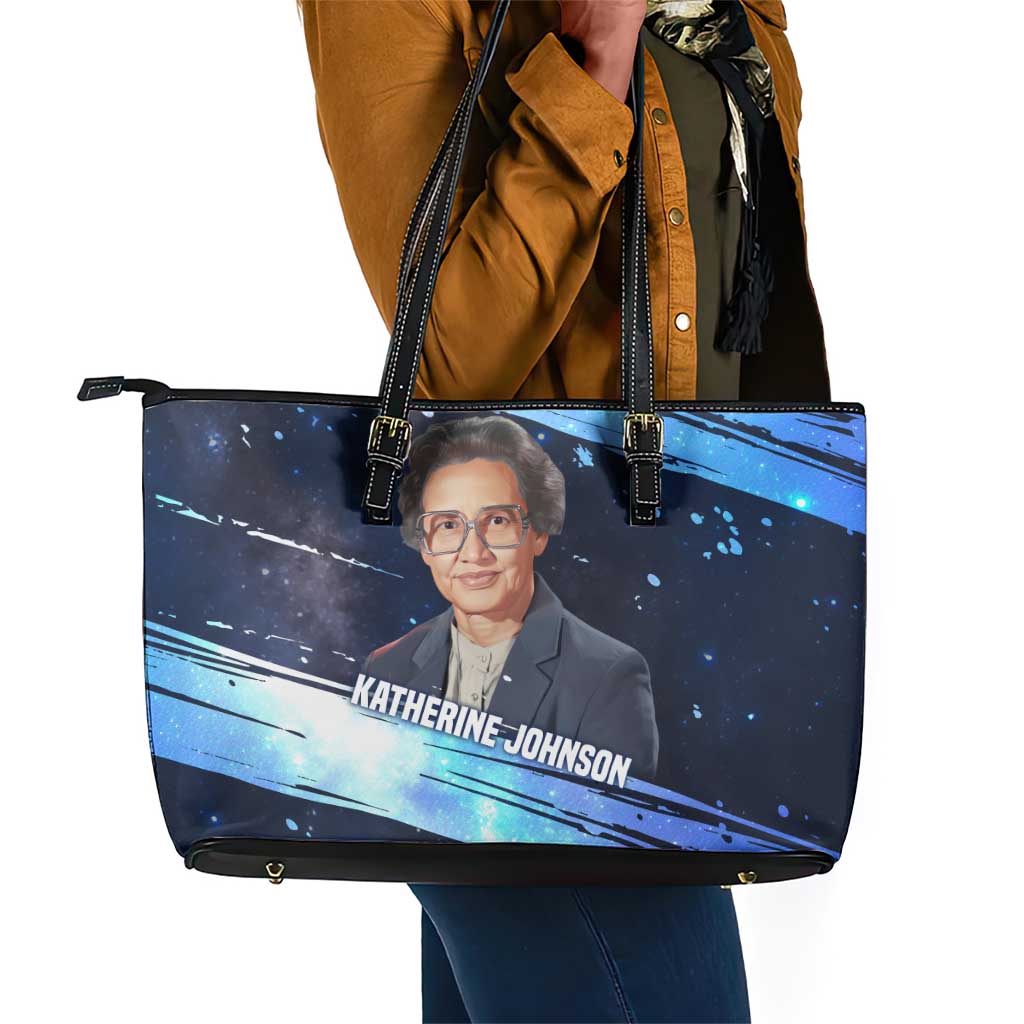 Katherine Johnson Leather Tote Bag with Galaxy Background, Hidden No More Quote and Rocket Brain Equation - African Pride