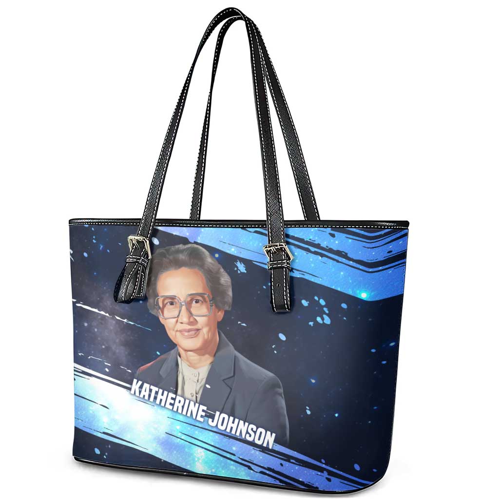Katherine Johnson Leather Tote Bag with Galaxy Background, Hidden No More Quote and Rocket Brain Equation - African Pride