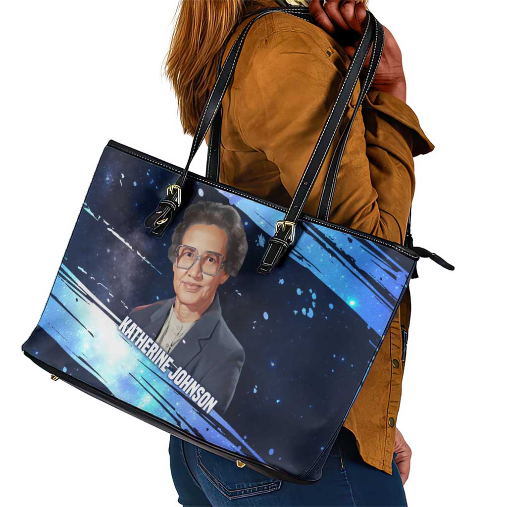 Katherine Johnson Leather Tote Bag with Galaxy Background, Hidden No More Quote and Rocket Brain Equation - African Pride
