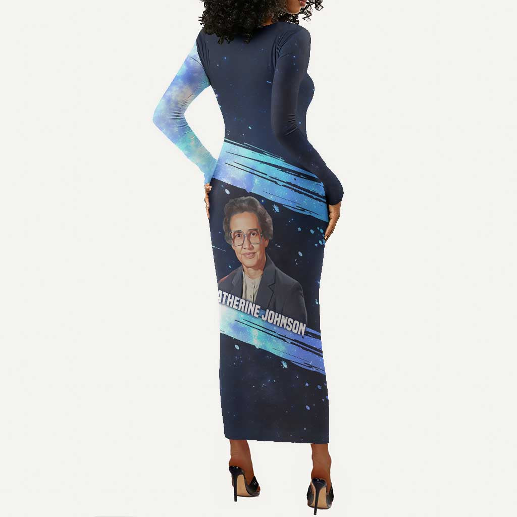 Katherine Johnson Long Sleeve Bodycon Dress with Galaxy Background, Hidden No More Quote and Rocket Brain Equation - African Pride