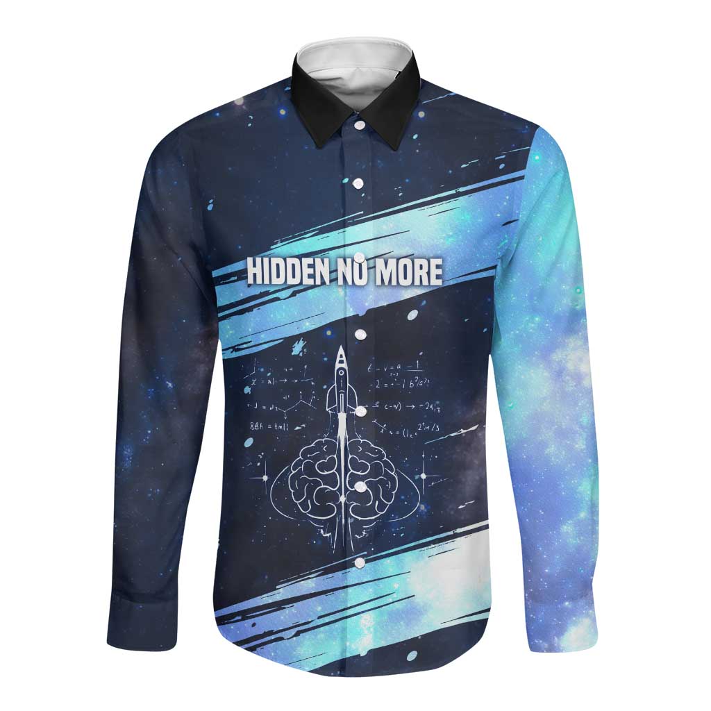 Katherine Johnson Long Sleeve Button Shirt with Galaxy Background, Hidden No More Quote and Rocket Brain Equation - African Pride