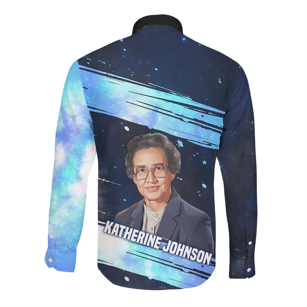 Katherine Johnson Long Sleeve Button Shirt with Galaxy Background, Hidden No More Quote and Rocket Brain Equation - African Pride