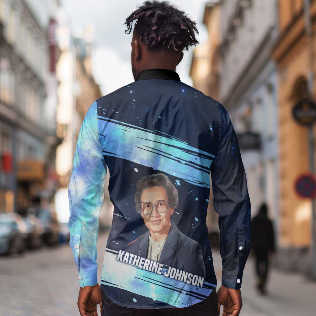 Katherine Johnson Long Sleeve Button Shirt with Galaxy Background, Hidden No More Quote and Rocket Brain Equation - African Pride