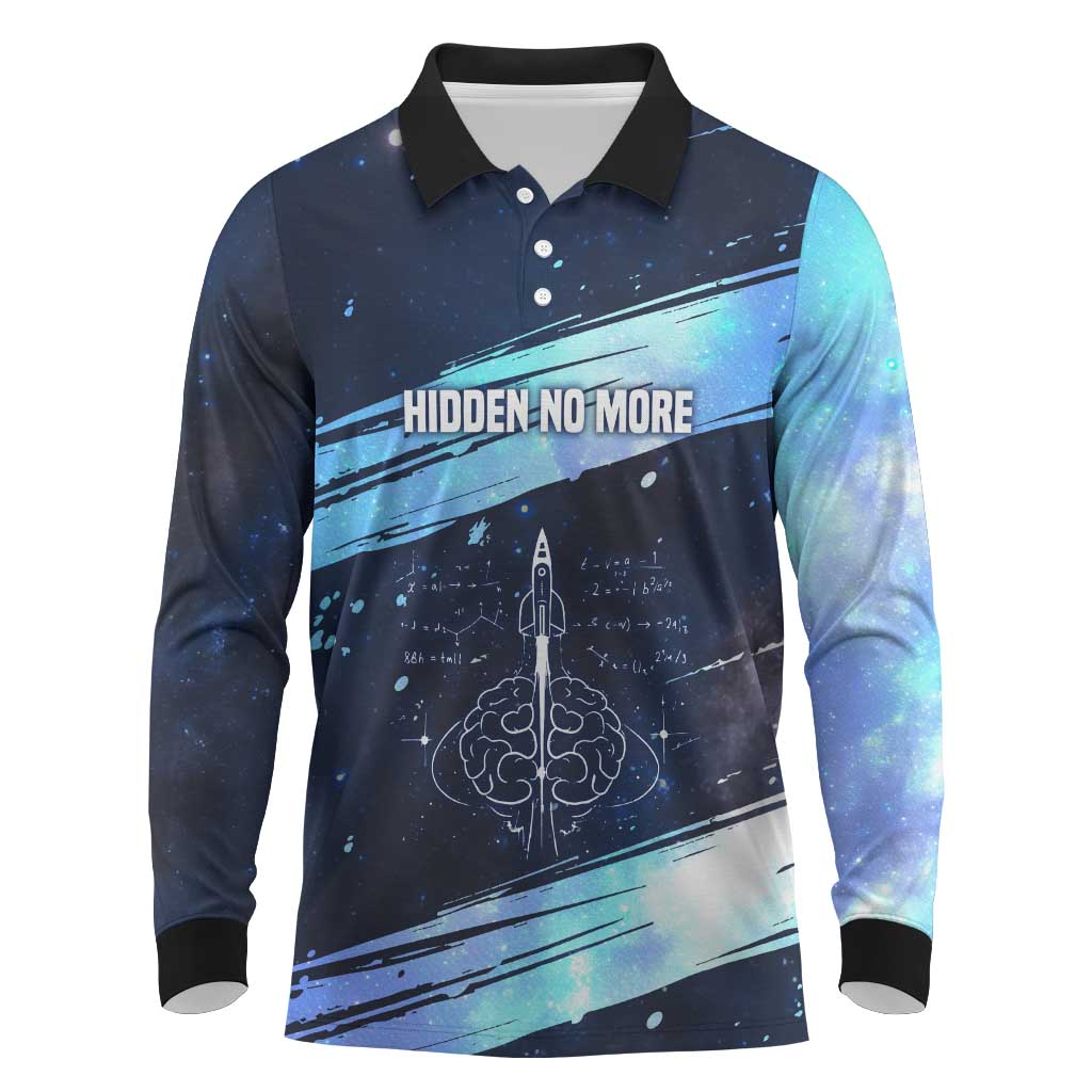Katherine Johnson Long Sleeve Polo Shirt with Galaxy Background, Hidden No More Quote and Rocket Brain Equation - African Pride