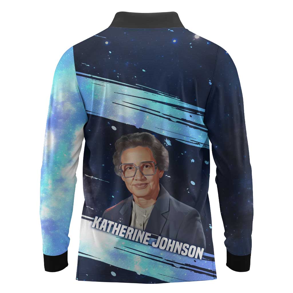 Katherine Johnson Long Sleeve Polo Shirt with Galaxy Background, Hidden No More Quote and Rocket Brain Equation - African Pride