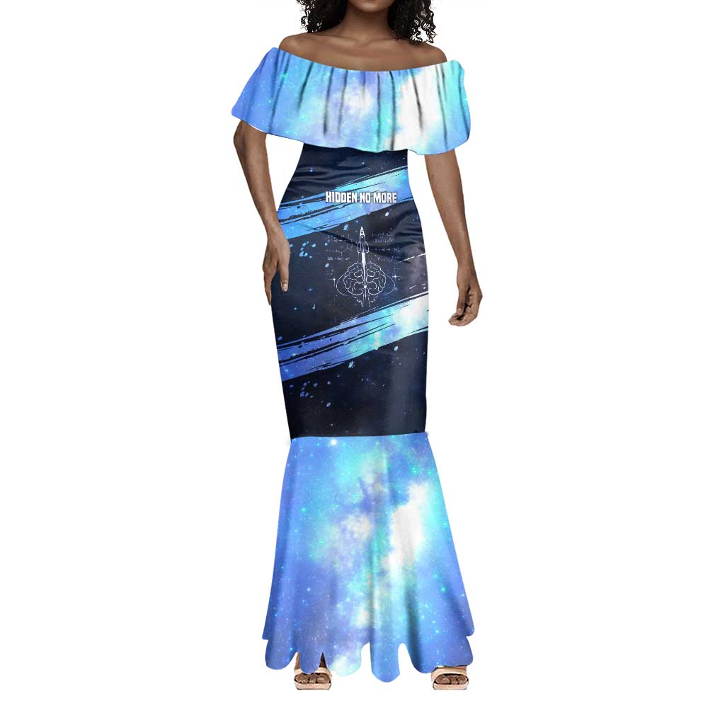 Katherine Johnson Mermaid Dress with Galaxy Background, Hidden No More Quote and Rocket Brain Equation - African Pride