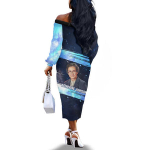 Katherine Johnson Off The Shoulder Long Sleeve Dress with Galaxy Background, Hidden No More Quote and Rocket Brain Equation - African Pride