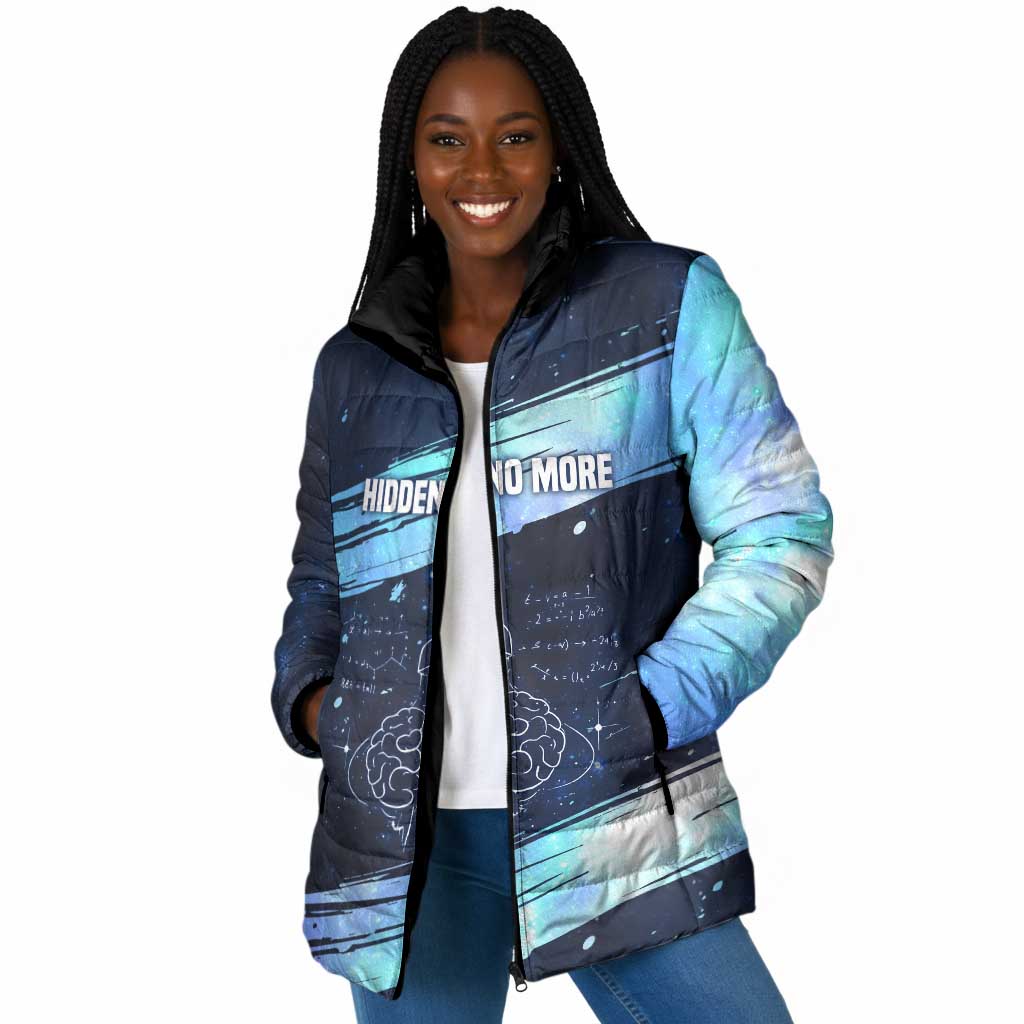 Katherine Johnson Padded Jacket with Galaxy Background, Hidden No More Quote and Rocket Brain Equation - African Pride