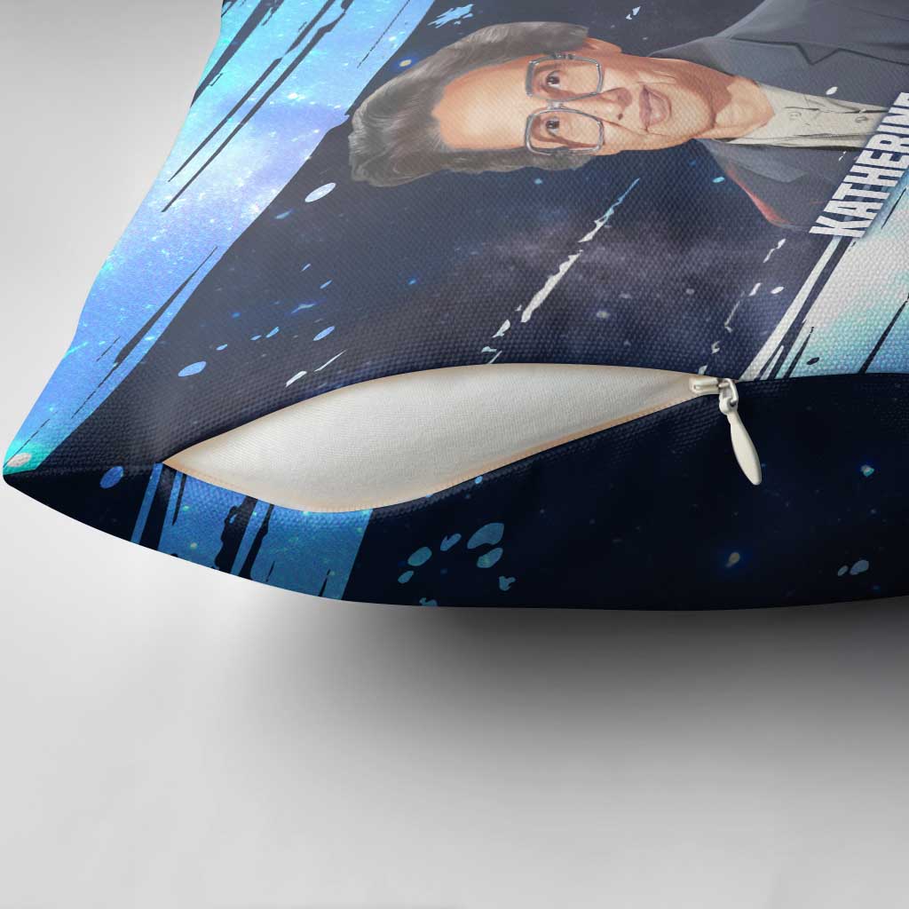 Katherine Johnson Pillow Cover with Galaxy Background, Hidden No More Quote and Rocket Brain Equation - African Pride