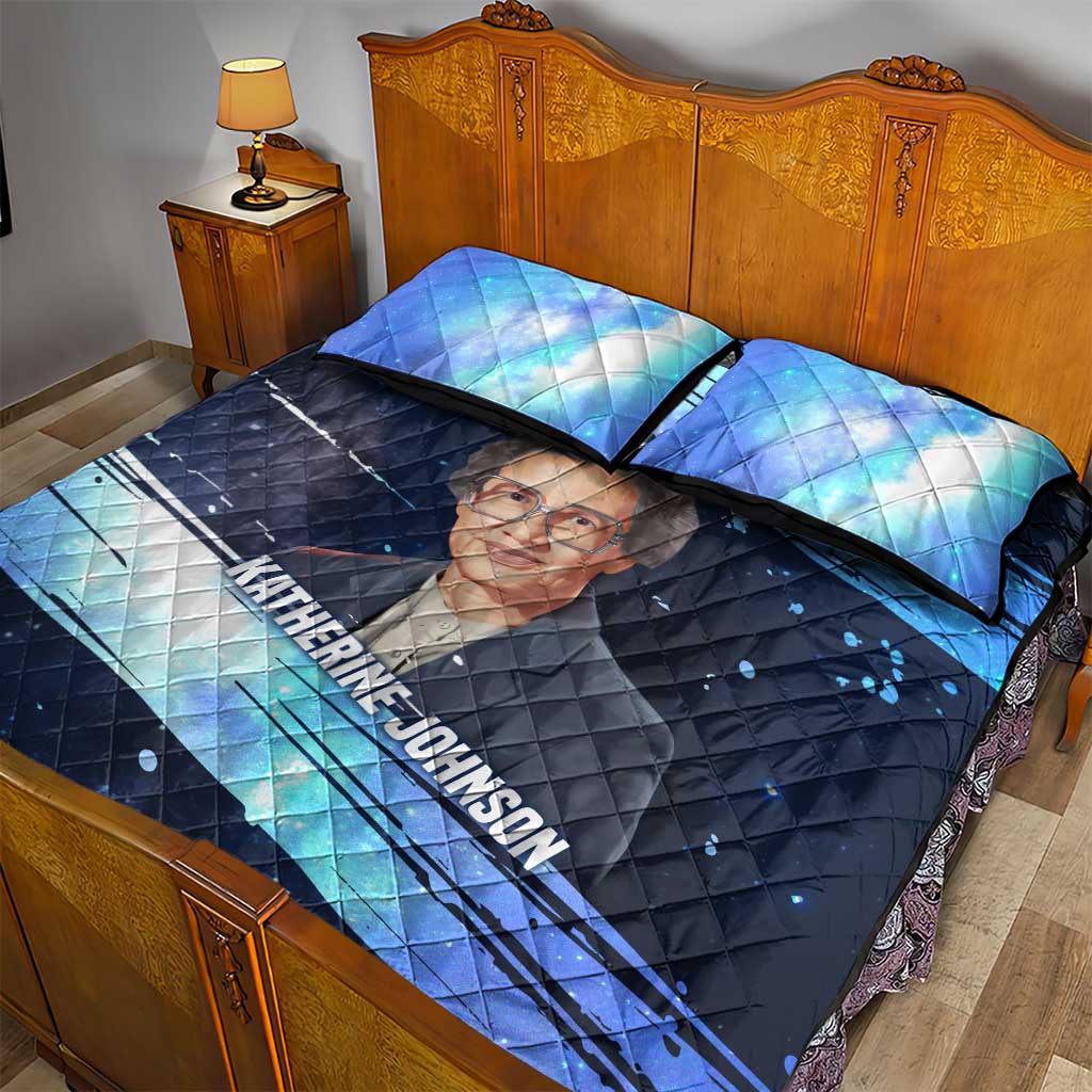 Katherine Johnson Quilt Bed Set with Galaxy Background, Hidden No More Quote and Rocket Brain Equation - African Pride