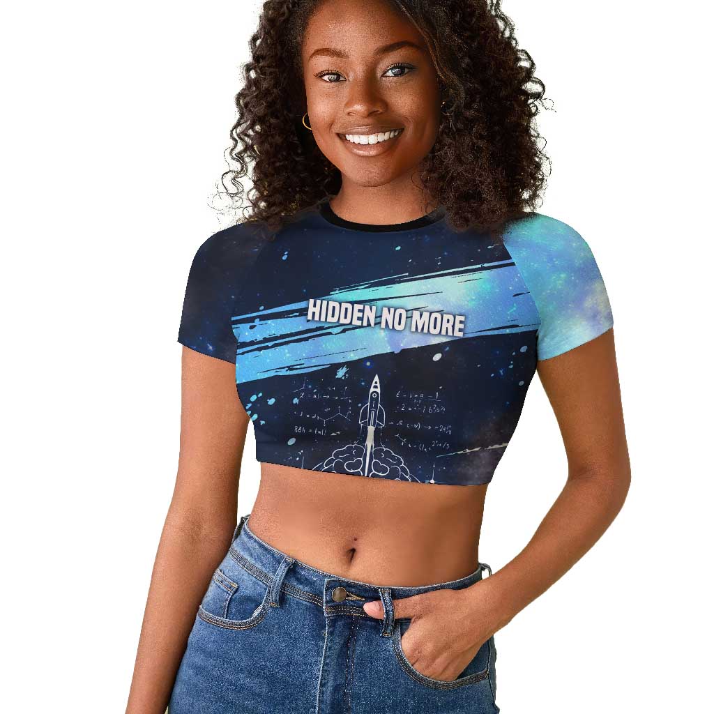 Katherine Johnson Raglan Cropped T shirt with Galaxy Background, Hidden No More Quote and Rocket Brain Equation - African Pride