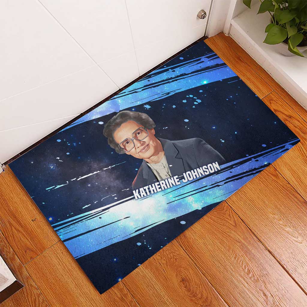 Katherine Johnson Rubber Doormat with Galaxy Background, Hidden No More Quote and Rocket Brain Equation - African Pride
