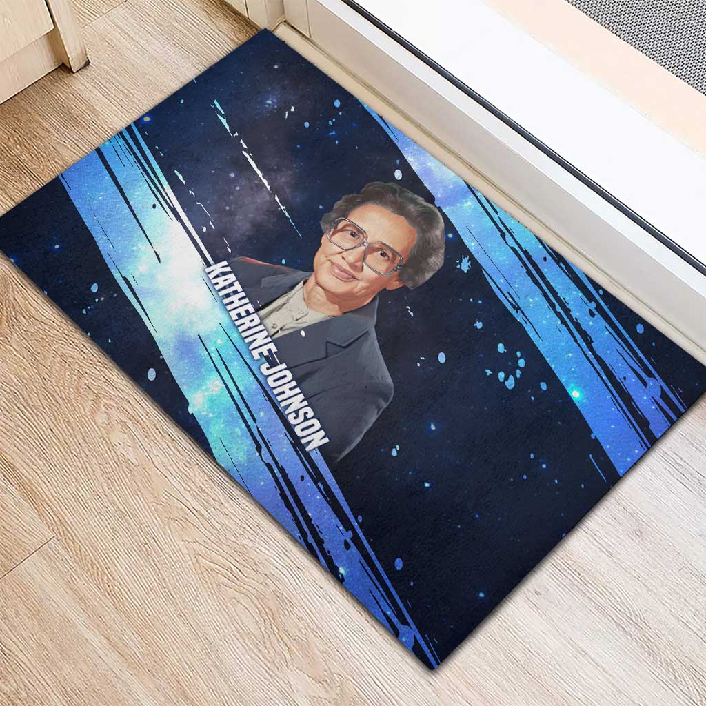 Katherine Johnson Rubber Doormat with Galaxy Background, Hidden No More Quote and Rocket Brain Equation - African Pride
