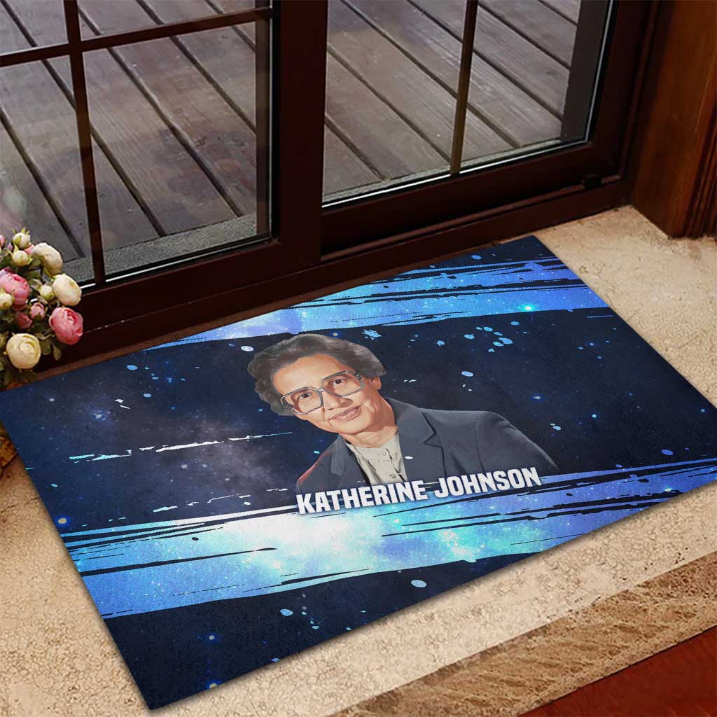 Katherine Johnson Rubber Doormat with Galaxy Background, Hidden No More Quote and Rocket Brain Equation - African Pride