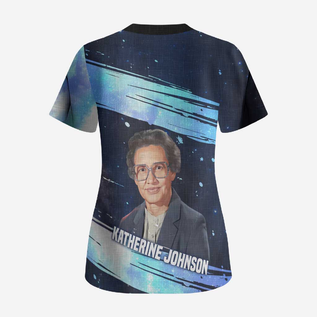 Katherine Johnson Scrub Top with Galaxy Background, Hidden No More Quote and Rocket Brain Equation - African Pride