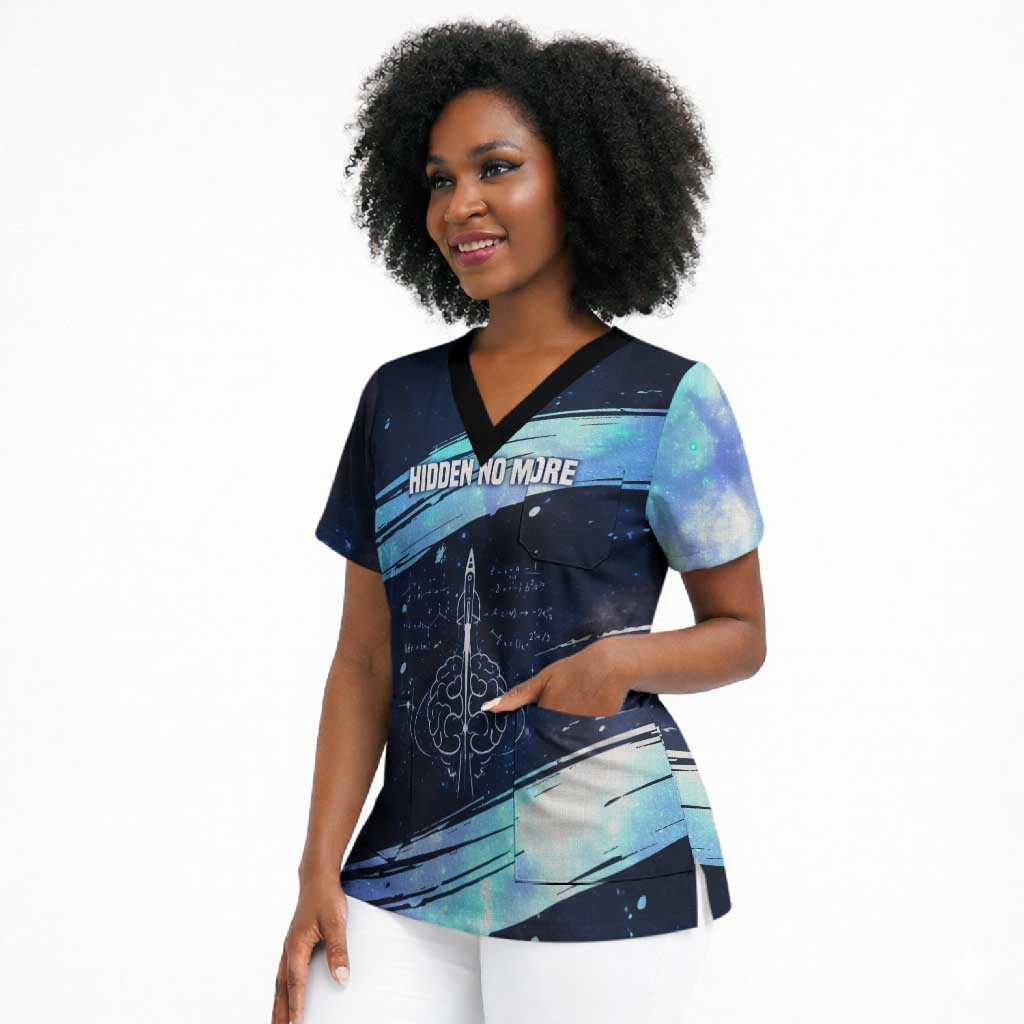 Katherine Johnson Scrub Top with Galaxy Background, Hidden No More Quote and Rocket Brain Equation - African Pride