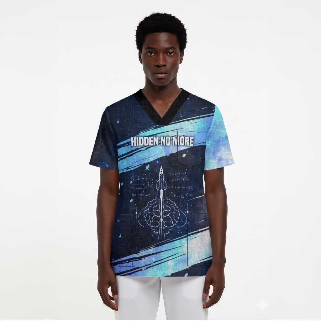 Katherine Johnson Scrub Top with Galaxy Background, Hidden No More Quote and Rocket Brain Equation - African Pride