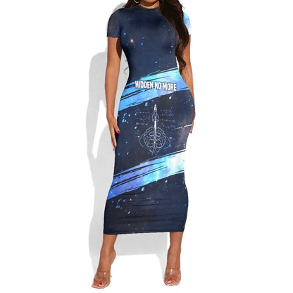 Katherine Johnson Short Sleeve Bodycon Dress with Galaxy Background, Hidden No More Quote and Rocket Brain Equation - African Pride