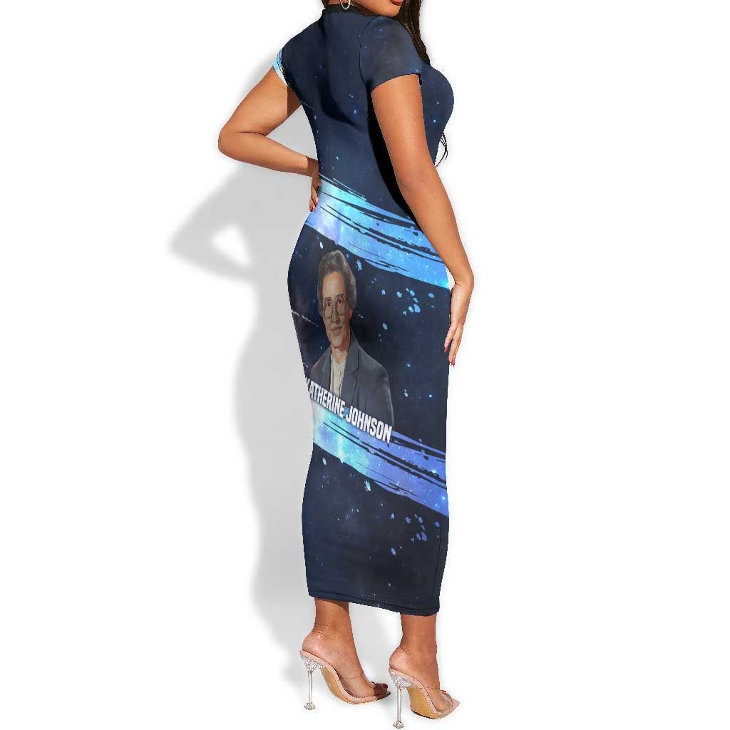 Katherine Johnson Short Sleeve Bodycon Dress with Galaxy Background, Hidden No More Quote and Rocket Brain Equation - African Pride